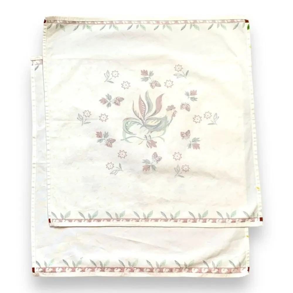 Vintage Placemats White Red Folk Art Rooster Strawberry Floral Print Cottage